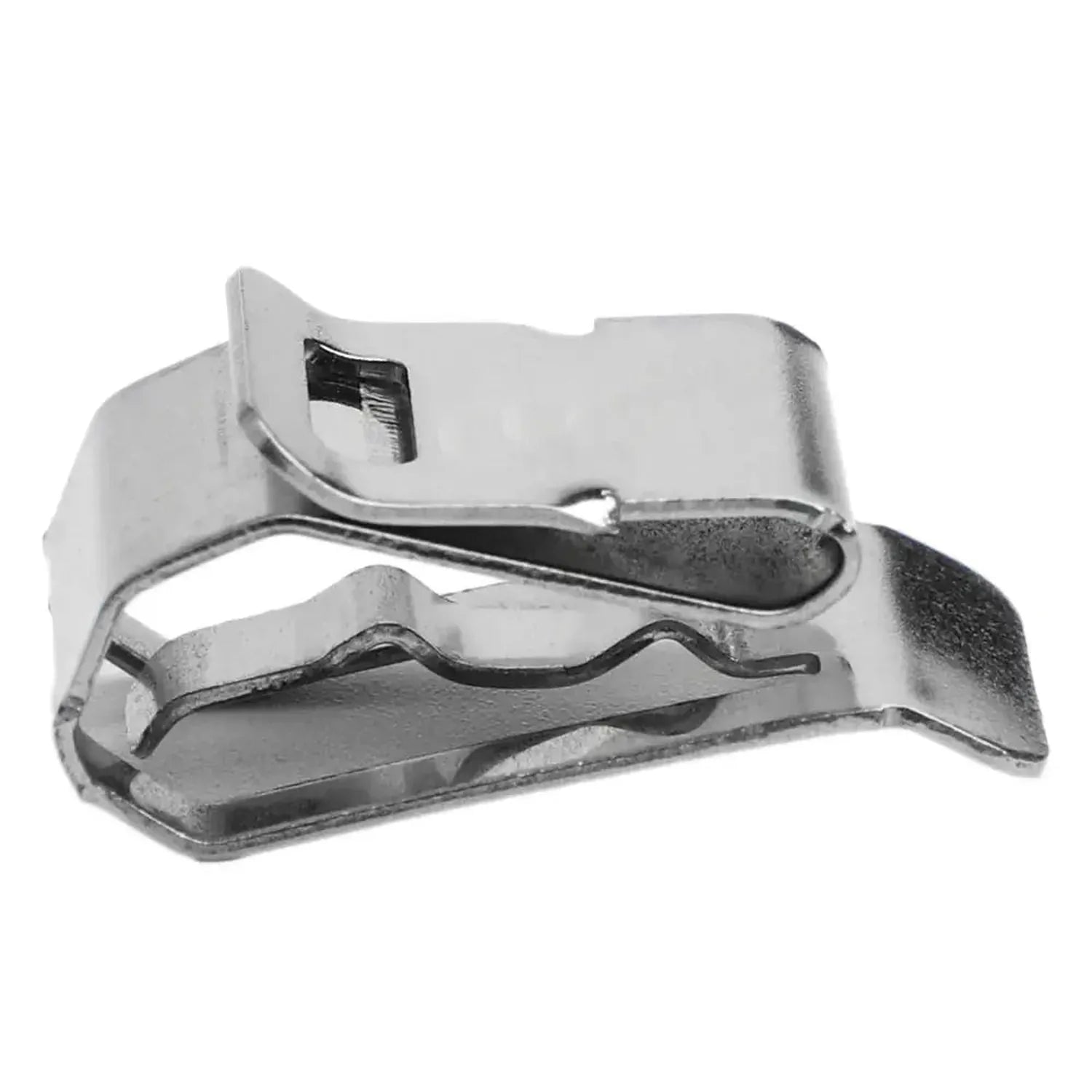 Stainless steel solar panel cable clip with curved retention arms and mounting bracket, shown isolated against white backgrou