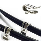 Stainless steel solar panel cable clips with detailed views showing the clip mechanism and installation on black cables attac