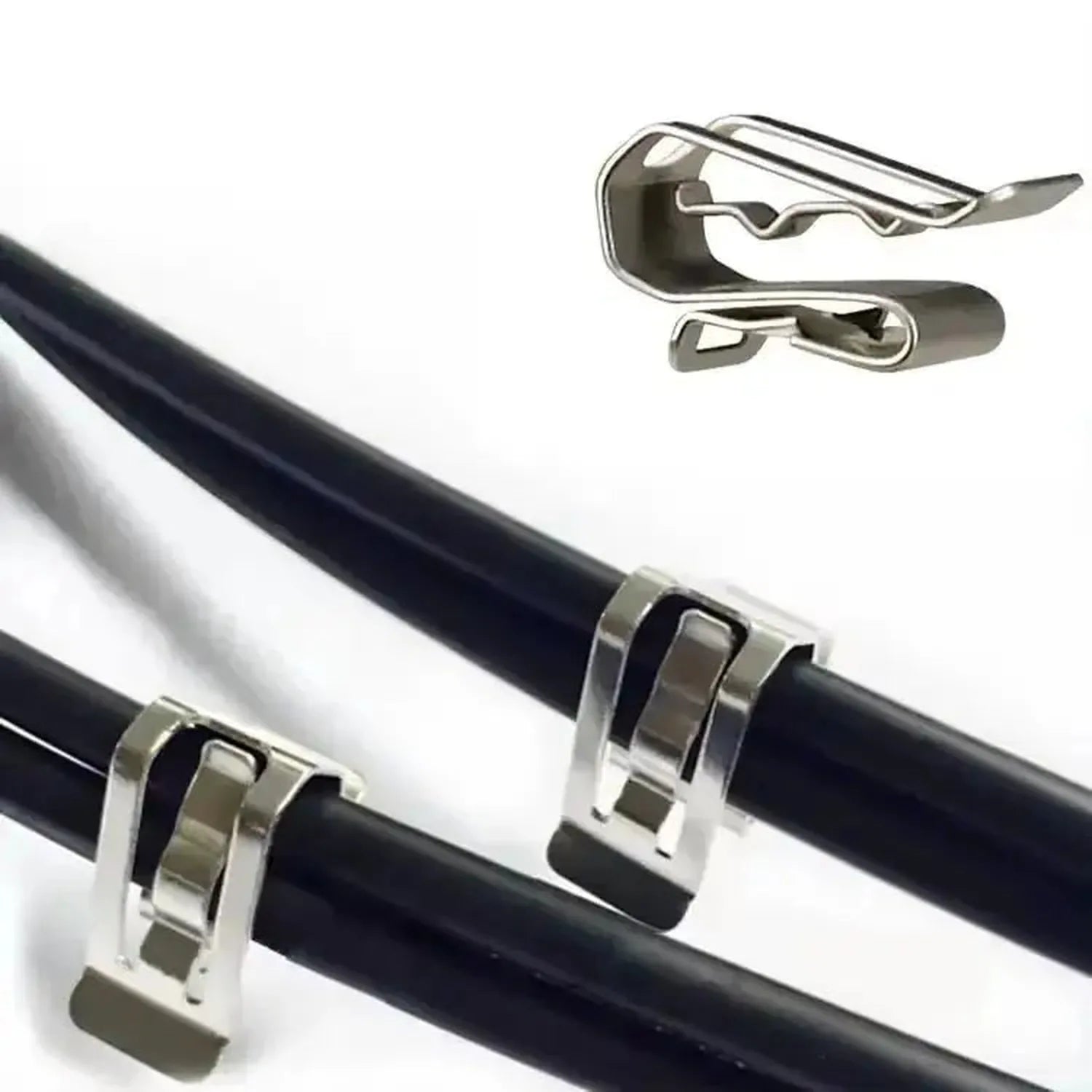 Stainless steel solar panel cable clips with detailed views showing the clip mechanism and installation on black cables attac