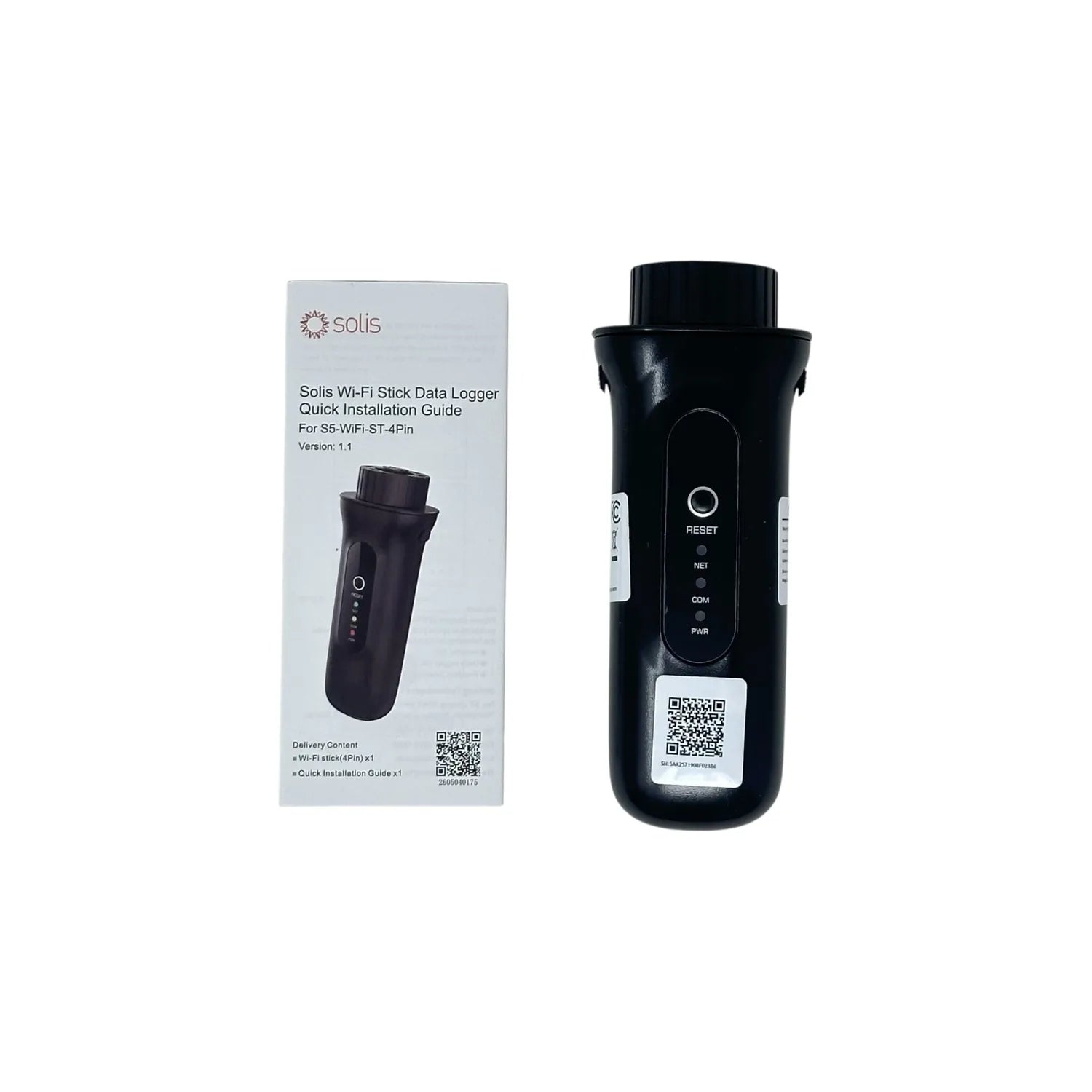 Solis Wi-Fi Stick Data Logger with packaging and quick installation guide displayed side by side.