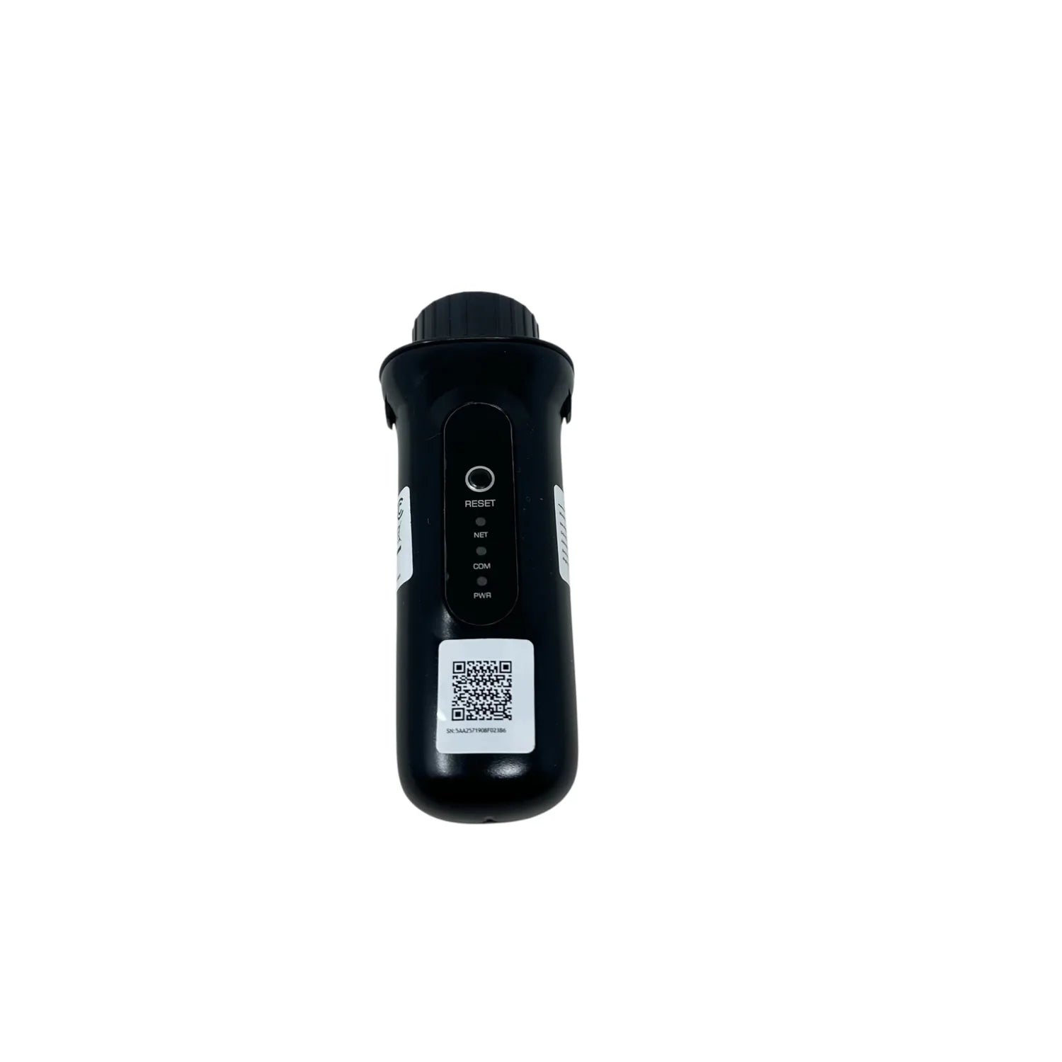 Black cylindrical WiFi data logger with control buttons labeled Reset, Net, Com, and Pwr, QR code label on front, shown again