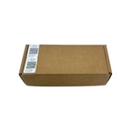 Brown cardboard shipping box with two white QR code labels on the left side, isolated on white background.