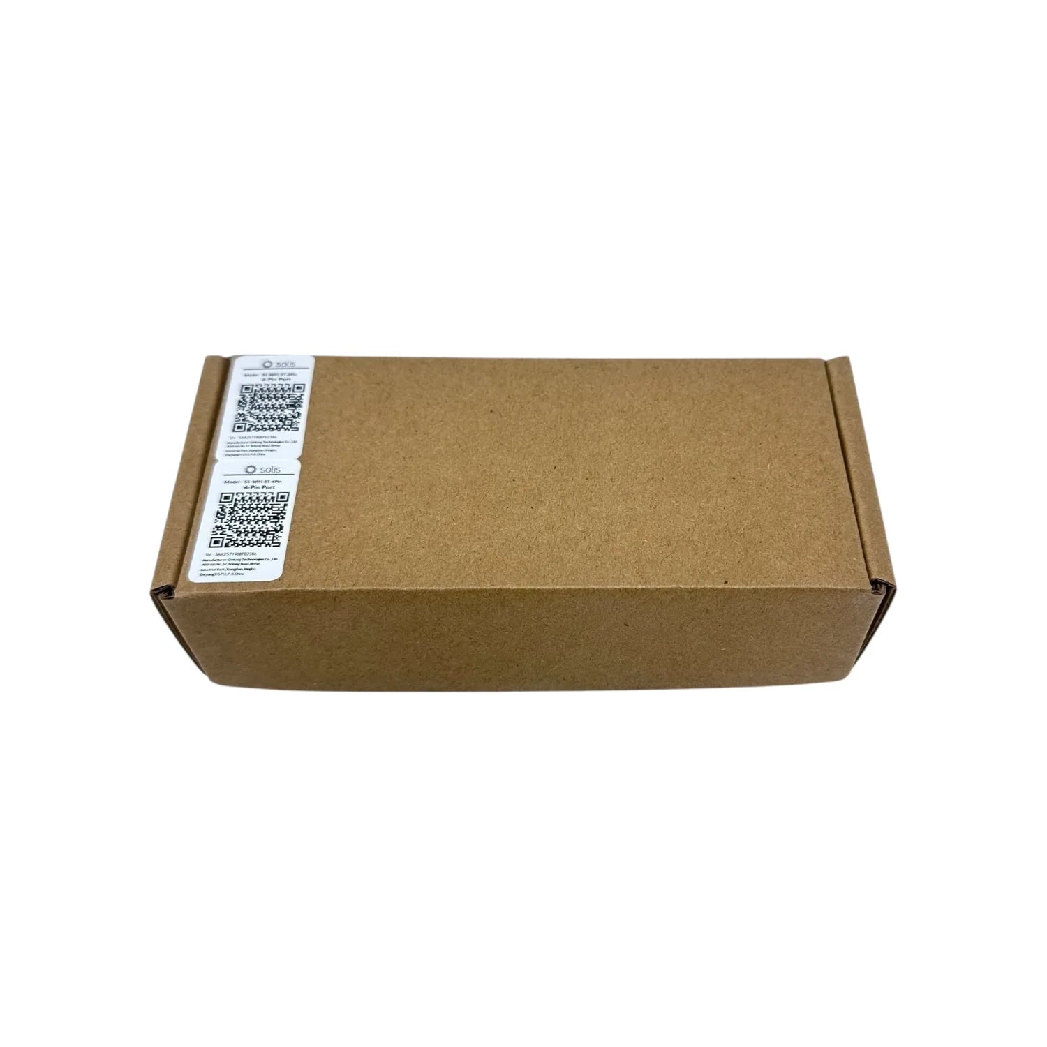 Brown cardboard shipping box with two white QR code labels on the left side, isolated on white background.