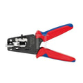Red and blue cable stripper tool with black metal head and adjustment mechanism, product alone on white background.