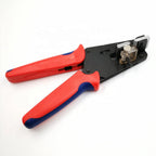 Red and blue cable stripping tool with black metal body and adjustment mechanism, product shot on white background.