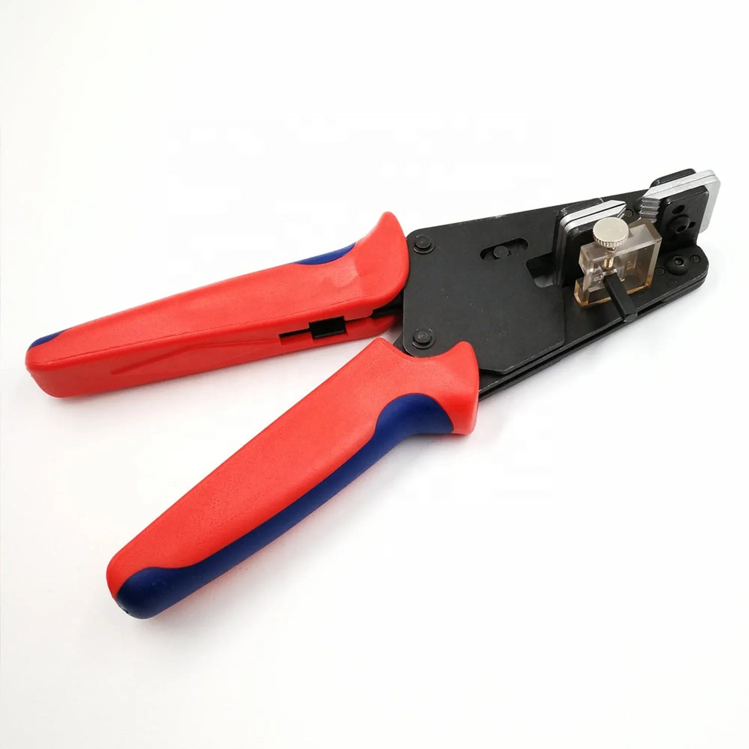 Red and blue cable stripping tool with black metal body and adjustment mechanism, product shot on white background.