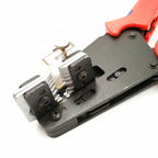 Precision cable stripping tool with red handle showing exposed metal cutting mechanism and black polymer body with multiple a