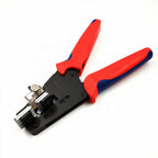 Red and blue handled cable stripper tool with black metal body and adjustment dial on white background.