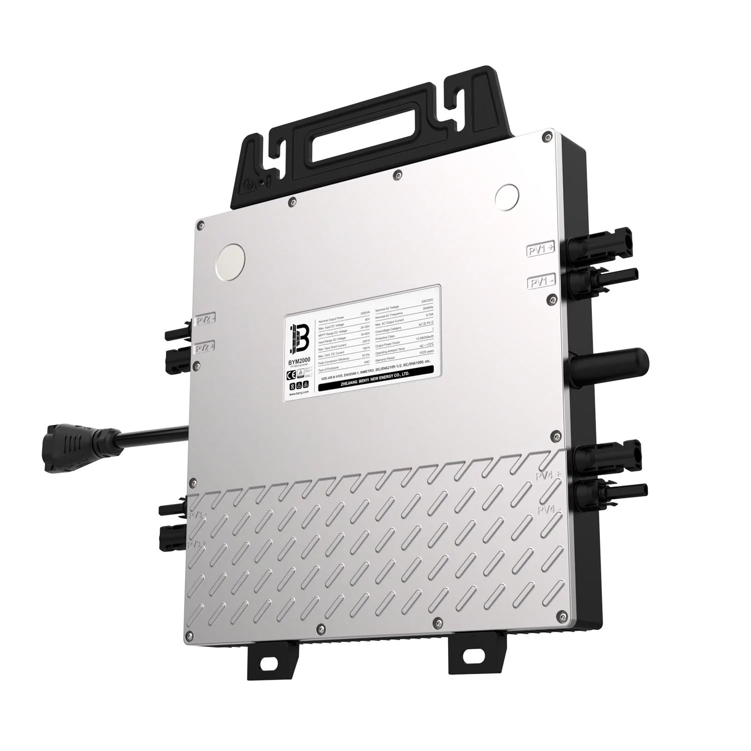 Voltacon BYM2000 micro inverter with white faceplate, black handles, multiple AC and DC connectors, and product label visible