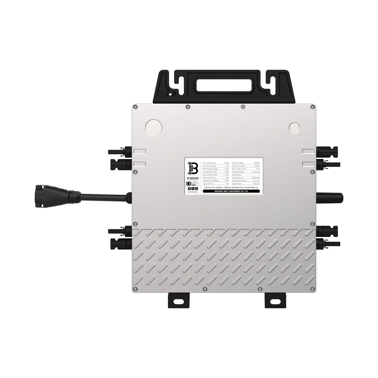 Voltacon BYM2000 micro inverter top view showing white and gray metal housing with black connectors on sides, carrying handle