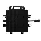 Black micro inverter with vertical ribbed casing, handle at top, multiple connector ports on sides, and power cable extending