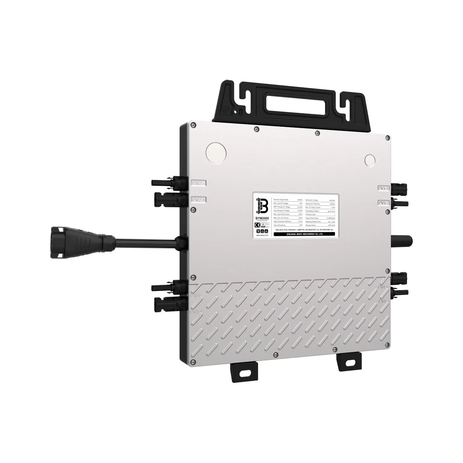 Voltacon BYM2000 micro inverter with white and gray aluminum housing, black carry handle, multiple connector ports on sides, 
