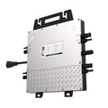Voltacon BYM1000 micro inverter with dual MPPT, showing silver and black metal housing with cable connectors and mounting bra