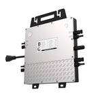 Voltacon BYM1000 micro inverter with dual MPPT, showing silver and black metal housing with cable connectors and mounting bra