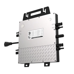 Voltacon BYM1000 micro inverter with dual MPPT, showing silver and black metal housing with cable connectors and mounting bra