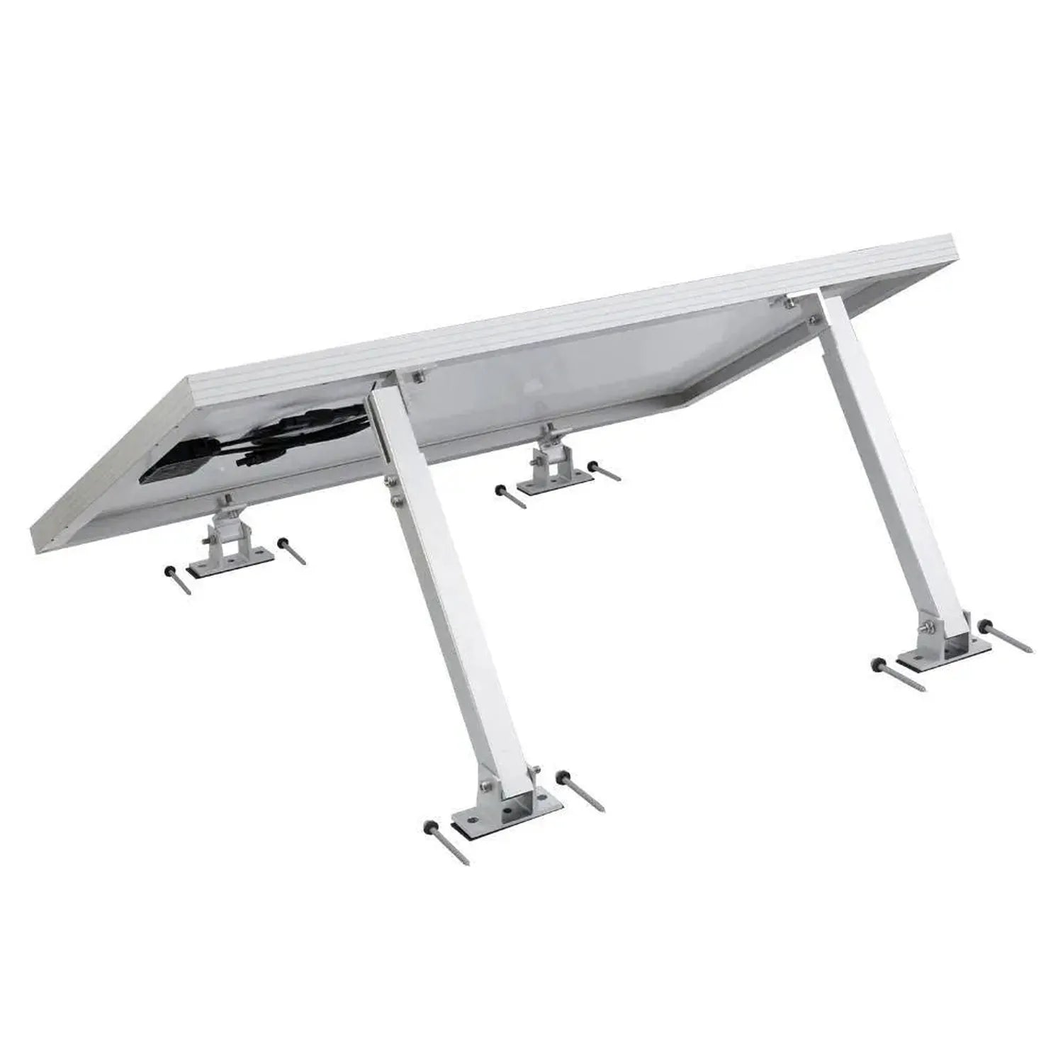 Adjustable solar panel mounting kit with angled aluminum frame and four ground-mount feet, shown in 3D perspective view.