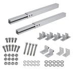 Adjustable solar panel mounting kit components laid out flat including two aluminum rails, metal brackets, bolts, nuts, and w