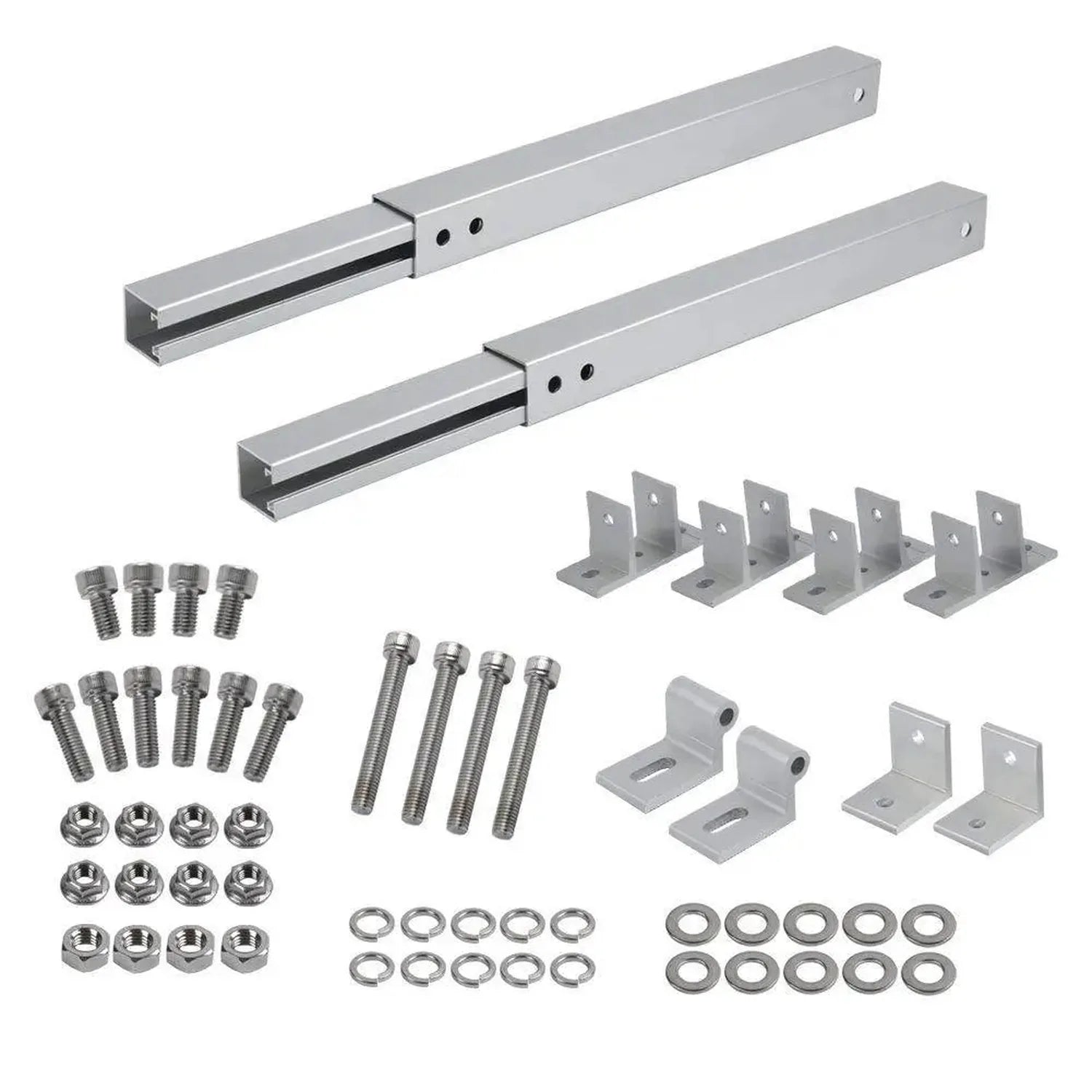 Adjustable solar panel mounting kit components laid out flat including two aluminum rails, metal brackets, bolts, nuts, and w
