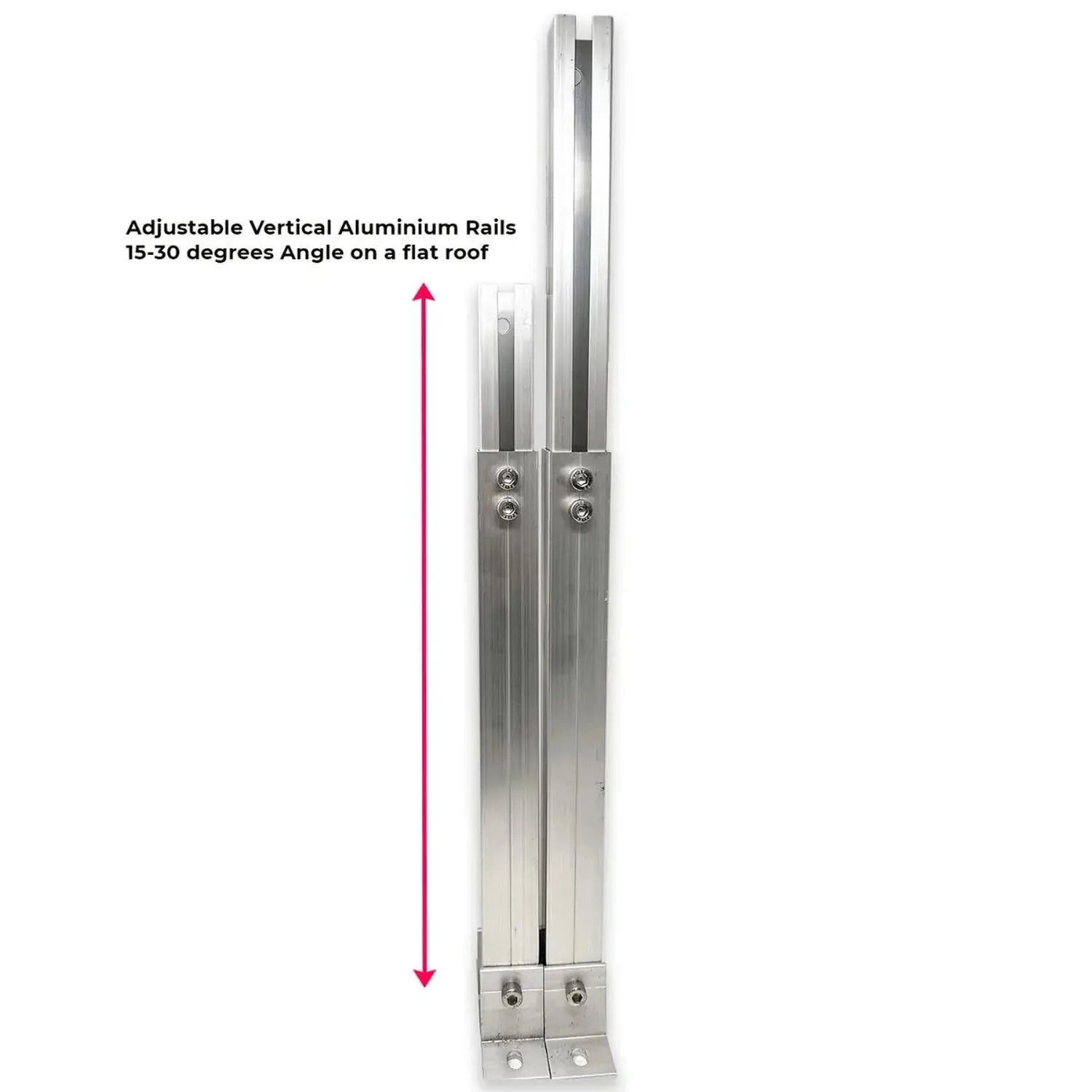 Adjustable vertical aluminium rails for solar panel mounting on flat roofs, angled 15-30 degrees, with mounting brackets and 