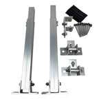 Adjustable solar panel mounting kit components including two tall aluminum rails, metal brackets, hinges, screws, and black r