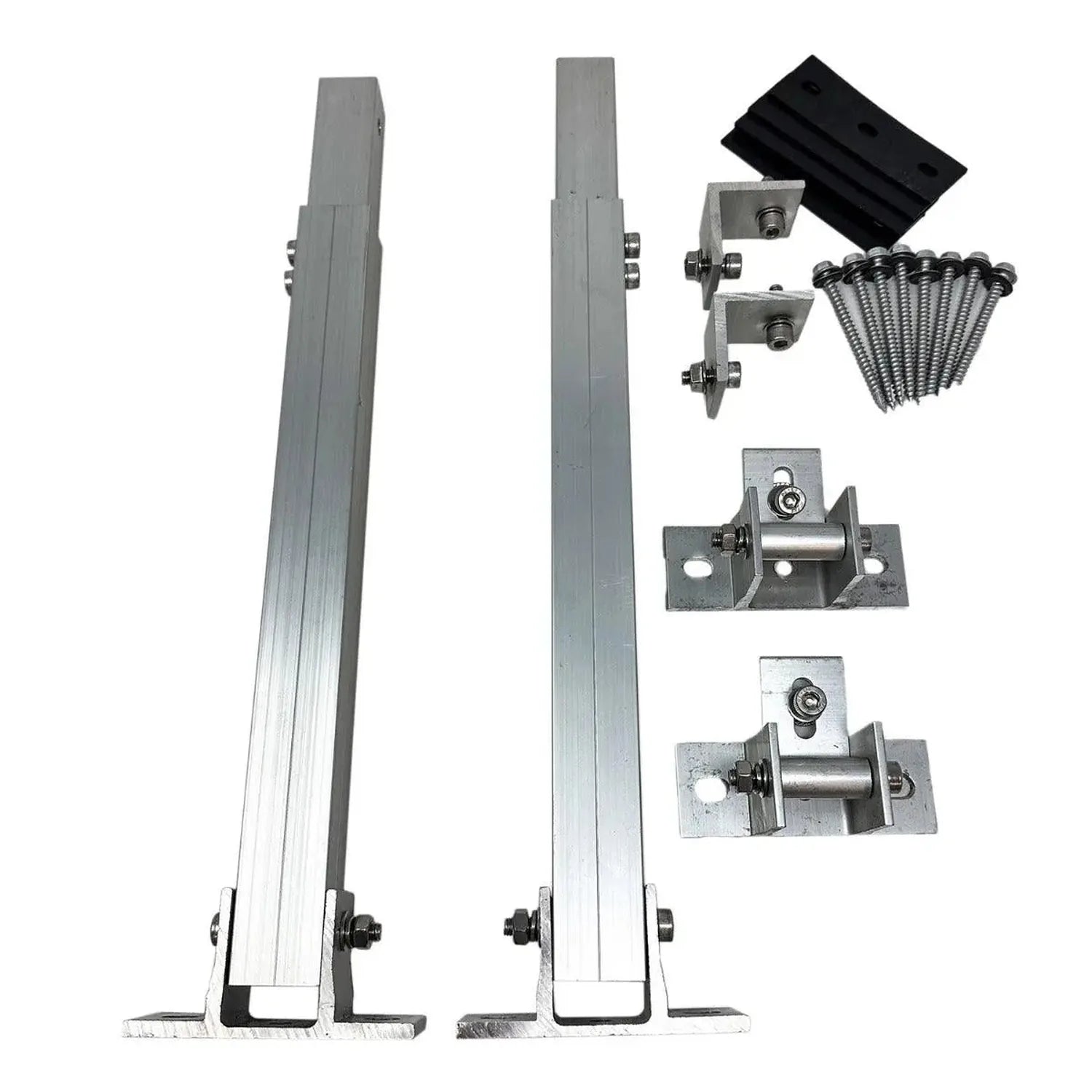 Adjustable solar panel mounting kit components including two tall aluminum rails, metal brackets, hinges, screws, and black r
