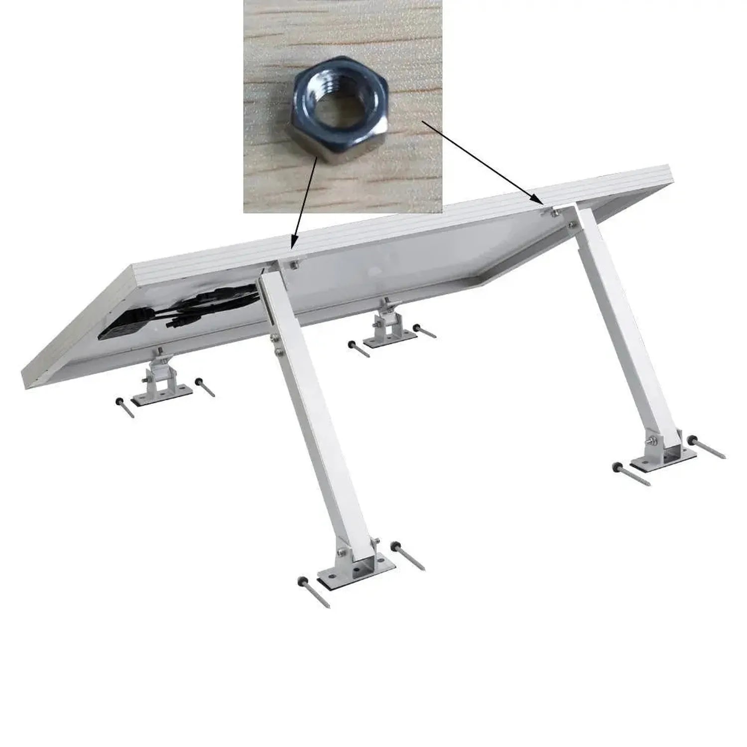 Adjustable tilt solar panel mounting kit with aluminum frame and brackets on flat roof, inset shows hexagonal bolt fastener d