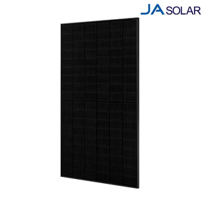 JA Solar all-black monocrystalline solar panel shown at an angle against white background, displaying full front face with gr