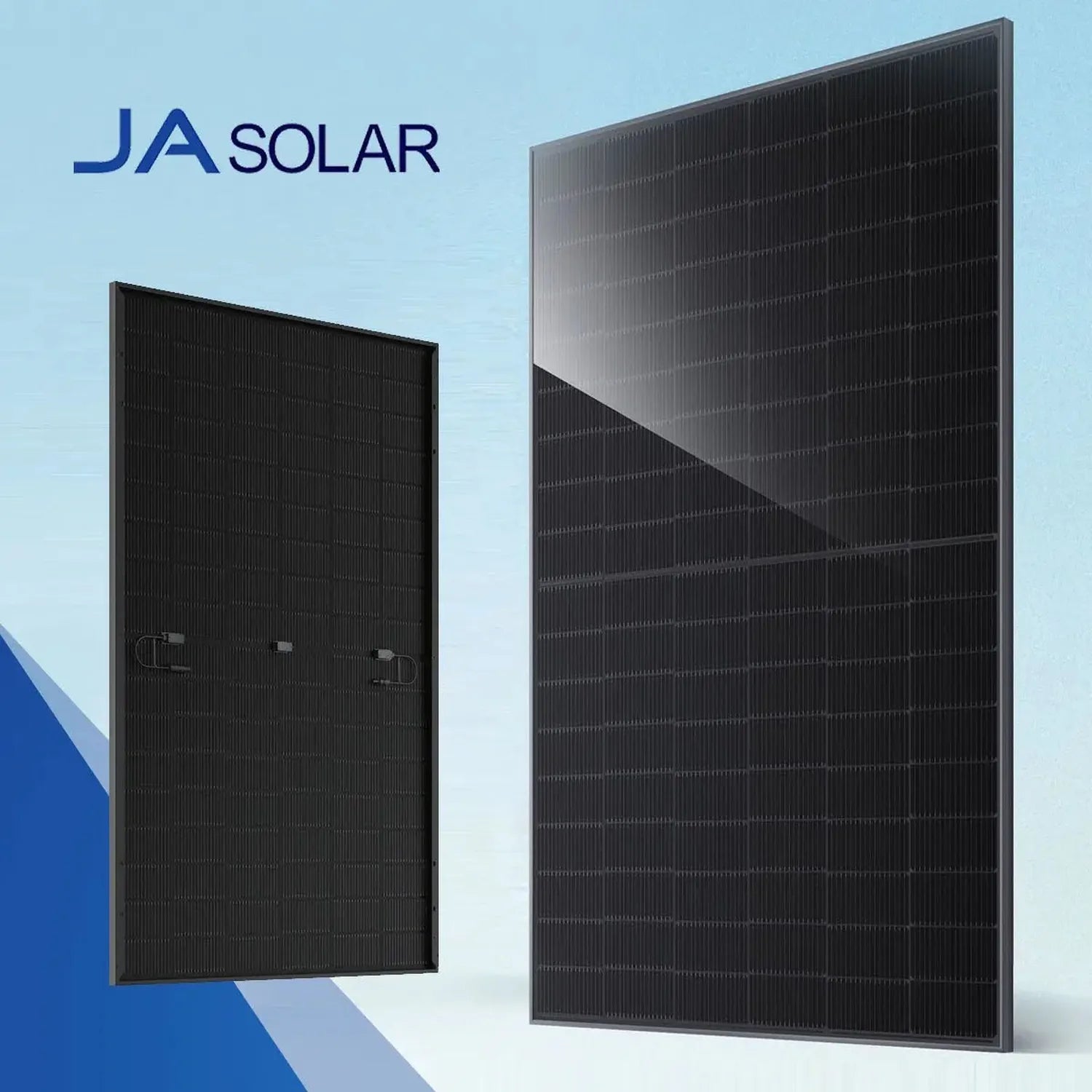Two JA Solar all-black monocrystalline solar panels displayed against a light blue sky, with the JA Solar logo visible in the