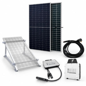 Solar panel kit components displayed: two dark bifacial panels, tilted mounting bracket, microinverter, AC cable, and DC conn