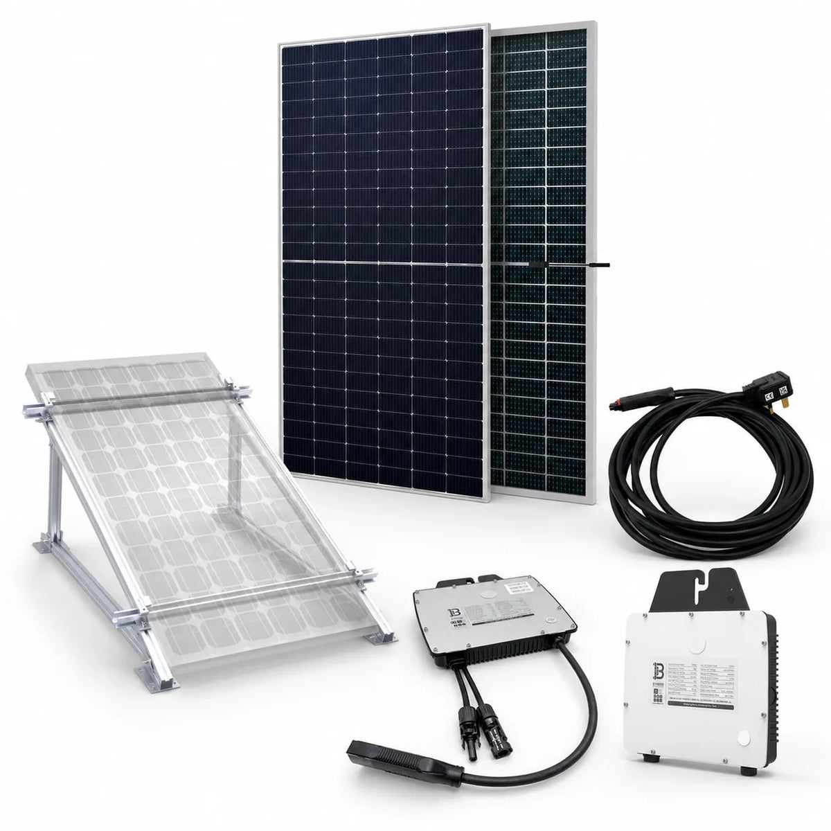 Solar panel kit components displayed: two dark bifacial panels, tilted mounting bracket, microinverter, AC cable, and DC conn