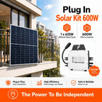 Plug In Solar Kit 600W installed on apartment balcony railing, showing bifacial panel and micro inverter components with spec