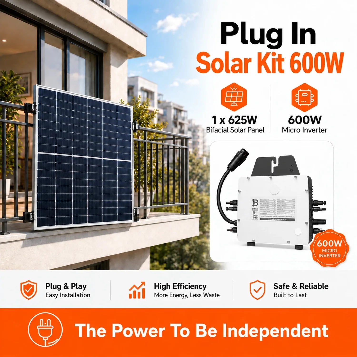 Plug In Solar Kit 600W installed on apartment balcony railing, showing bifacial panel and micro inverter components with spec