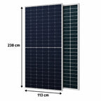 Two solar panels with dimensions shown: 238 cm height by 113 cm width, displayed side by side against white background.