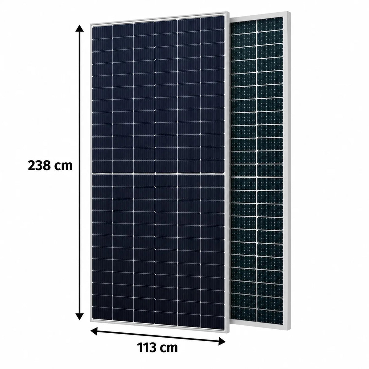 Two solar panels with dimensions shown: 238 cm height by 113 cm width, displayed side by side against white background.