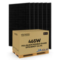 Six JA Solar 465W black double glass solar panels displayed behind a cardboard shipping box on a wooden pallet, showing produ