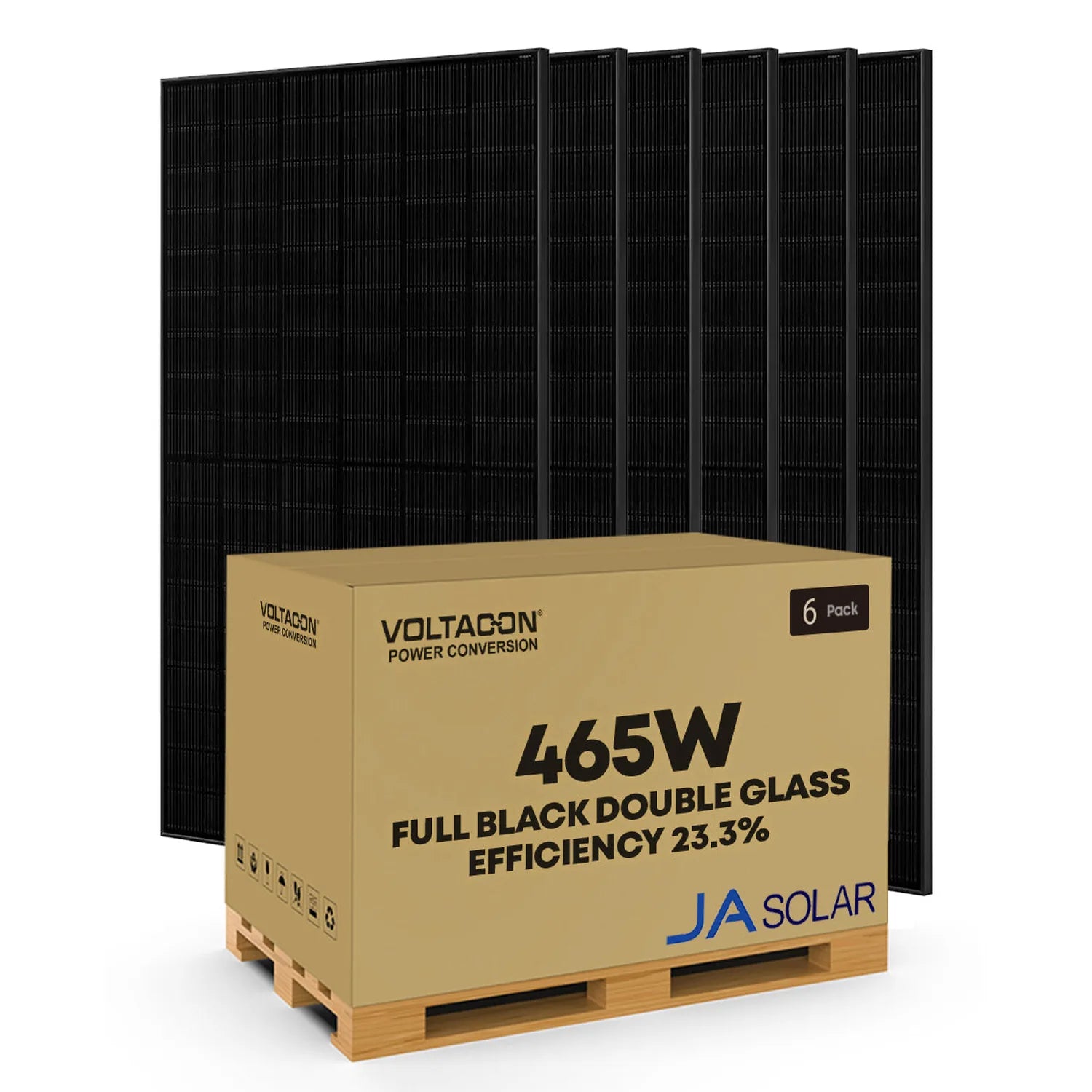 Six JA Solar 465W black double glass solar panels displayed behind a cardboard shipping box on a wooden pallet, showing produ