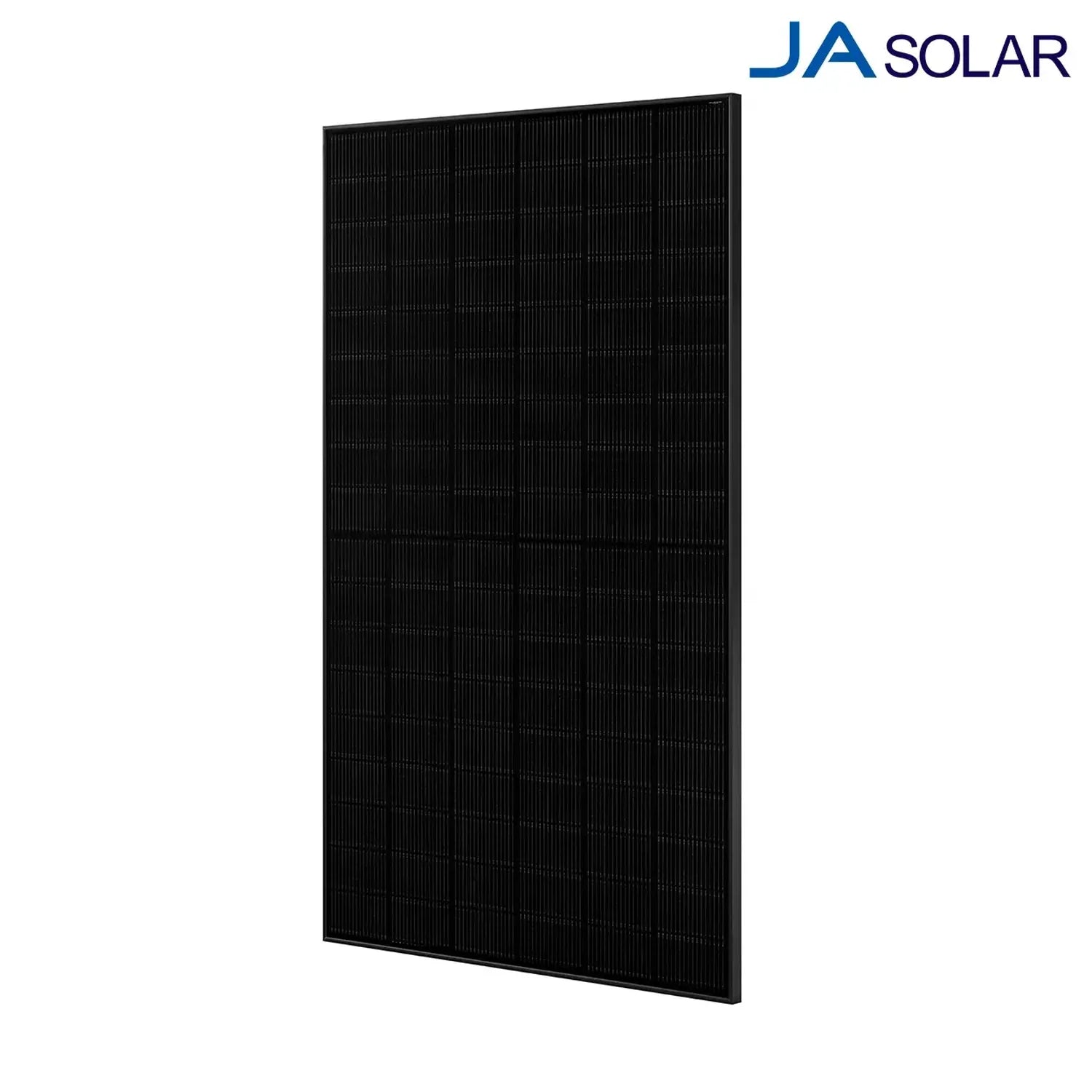 JA Solar black monocrystalline solar panel displayed at an angle against a white background, showing the full front face with