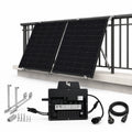 800W solar panel kit with two black panels on mounting frame, micro inverter, cables, and installation hardware displayed bel