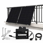 800W solar panel kit with two black panels on mounting frame, micro inverter, cables, and installation hardware displayed bel