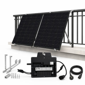 800W solar panel kit with two black panels on mounting frame, micro inverter, cables, and installation hardware displayed bel