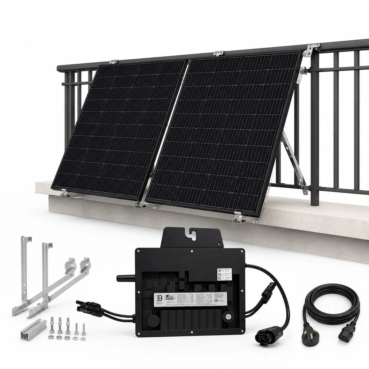 800W solar panel kit with two black panels on mounting frame, micro inverter, cables, and installation hardware displayed bel
