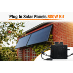 800W plug-in solar panel kit installed on red brick house wall with black micro inverter shown separately below.
