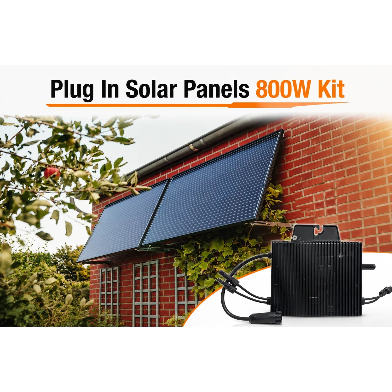 800W plug-in solar panel kit installed on red brick house wall with black micro inverter shown separately below.