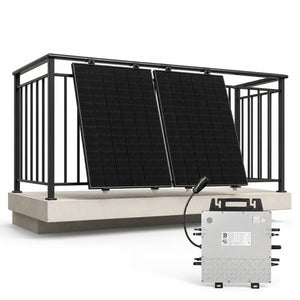 JA Solar balcony mounting system with two black solar panels and white micro inverter unit, installation shot.