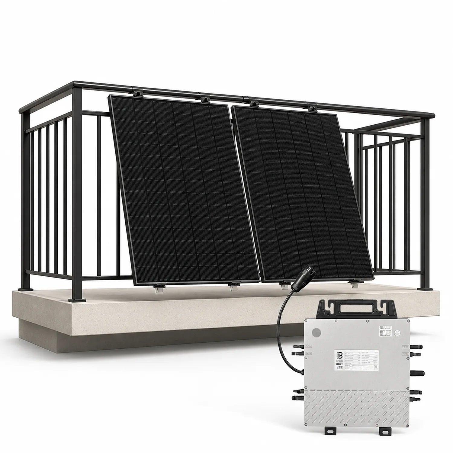 JA Solar balcony mounting system with two black solar panels and white micro inverter unit, installation shot.