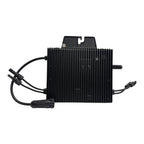 Black micro inverter with vertical ribbed heatsink and attached power cables, product shot on white background.