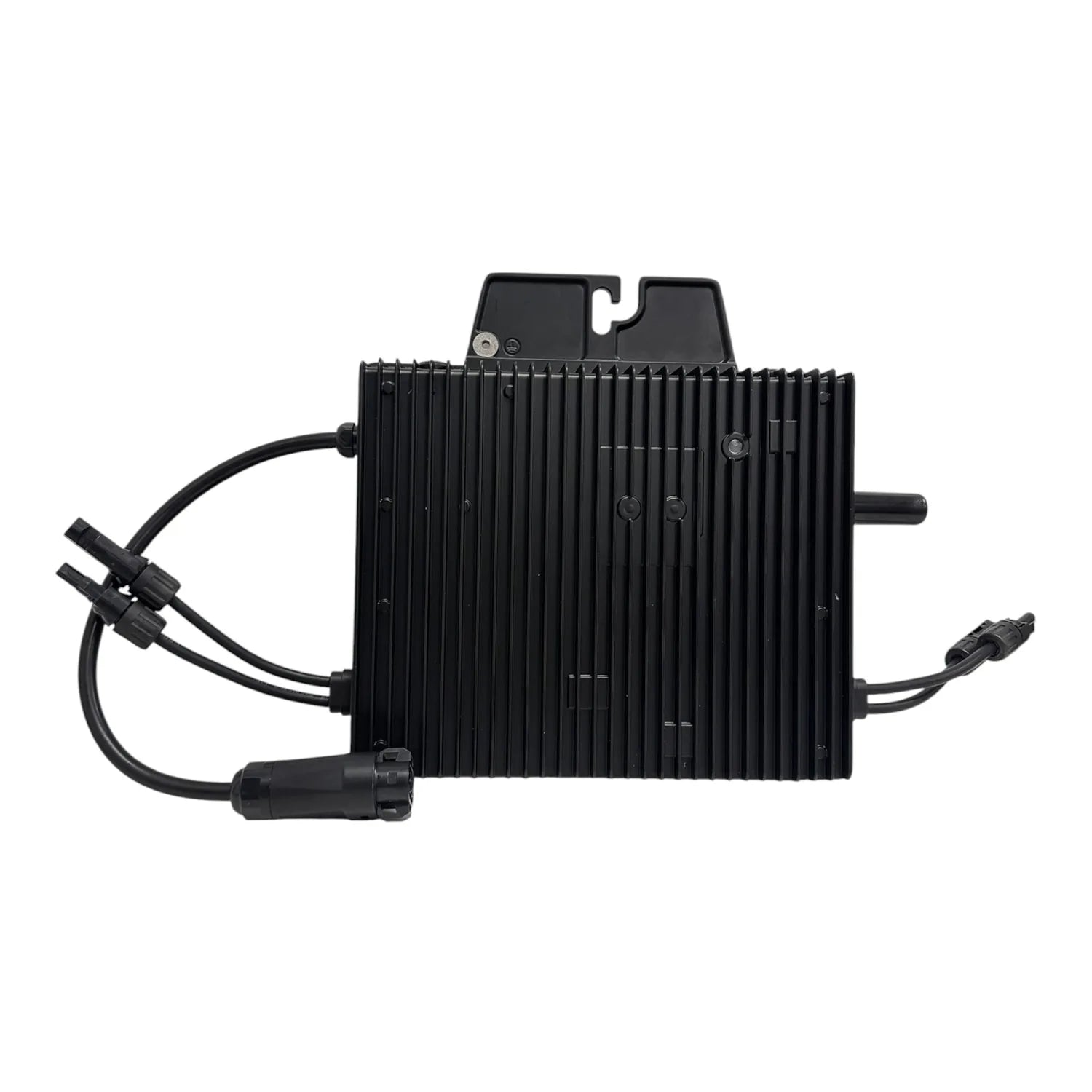 Black micro inverter with vertical ribbed heatsink and attached power cables, product shot on white background.
