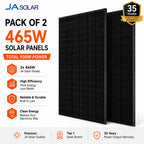 Two black JA Solar 465W panels displayed side-by-side with product specifications and warranty information on white backgroun