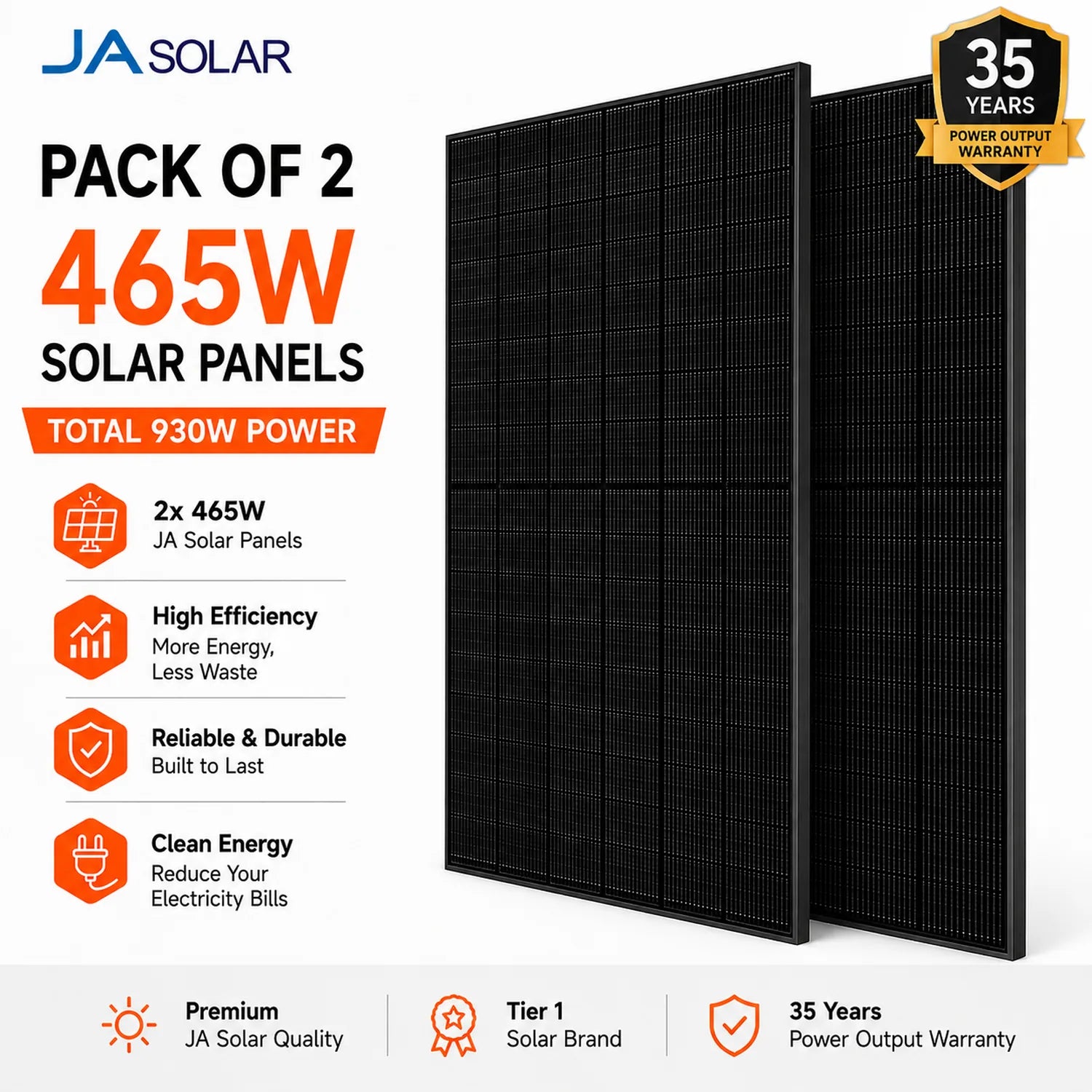 Two black JA Solar 465W panels displayed side-by-side with product specifications and warranty information on white backgroun
