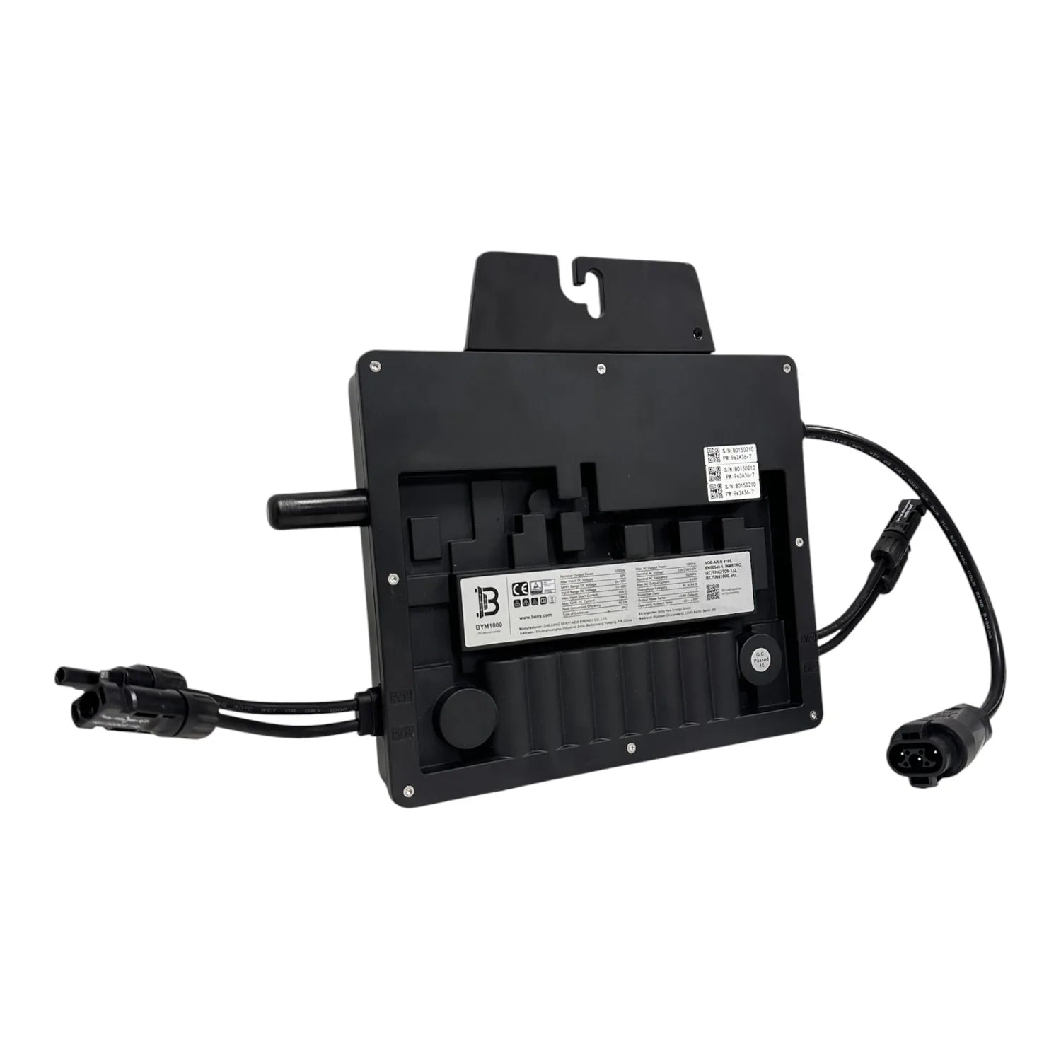 Black microinverter with cable connectors and specification label, rear view showing power connections and mounting hardware.